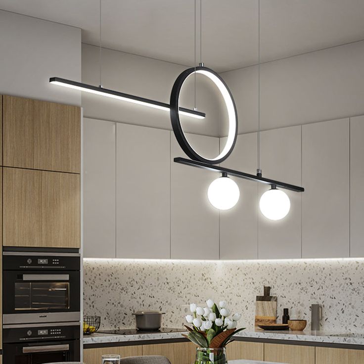 Bar And Circle Suspension Light Modernist Metal Dining Room Led Island Lighting Ideas In Black White 2022 Bedroom Fixtures Pendant Pendant Lighting, Circular Kitchen Island Light