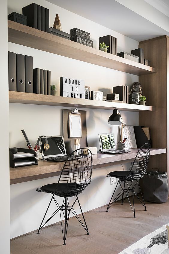 floating office desk. floating shelves in a niche and desk top with the same look office d
