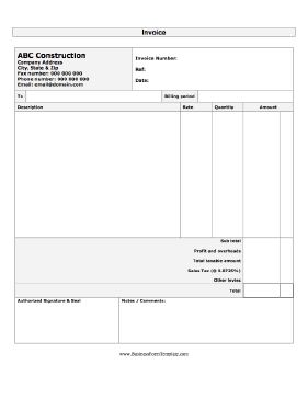 a printable invoice for use by businesses in the construction