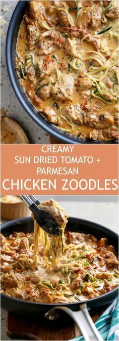 Creamy Sun dried Tomato + Parmesan Chicken Zoodles make the craziest low carb co...