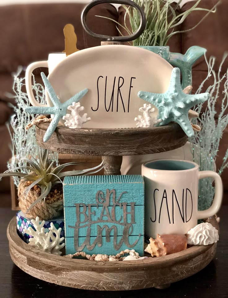 Rae Dunn Beach Summer 2 Tier Display in 2021 | Tiered tray diy, Tiered