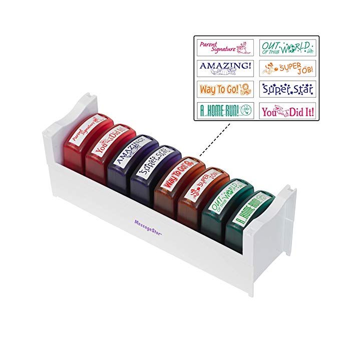8-Piece ECR4Kids Colorful Self-Inking Recognition School Grading Teacher Stamp Set and Tray