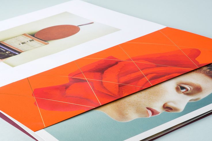 Foil can also be used to create an all over surface pattern. Here we see a creative use of a diecut fly sheet with four-color imagery and an all over foil pattern that runs the entire height of the book. A close up shows how these 1pt. rules of metallic gold add geometric patterning to a four-color image on PLIKE®, Orange.