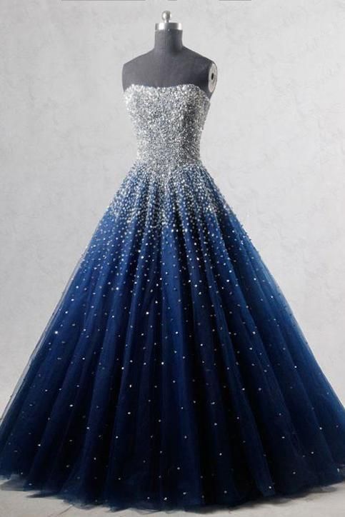 Sparkly A-Line Strapless Navy Blue Tulle Long Prom/Evening Dress with Beading Sparkly A-Line Strapless Navy Blue Tulle Long Prom/Evening Dress with Beading
