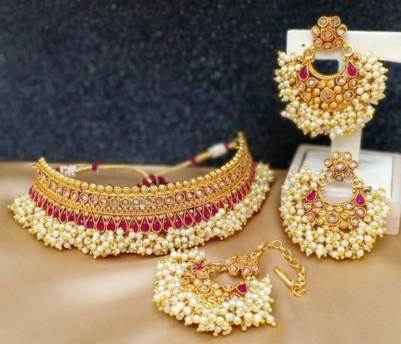 jewelry Pakistani Kundan style necklace set Indian jewellery golden wedding Pakistani jewellery gold tikka necklace earrings set
