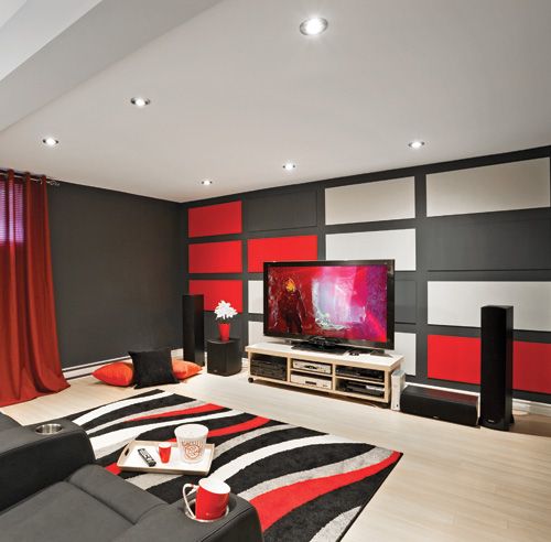 Sous sol en alternance de couleurs Salon gris et rouge