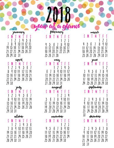 free printable year at a glance calendar for 2018 printables