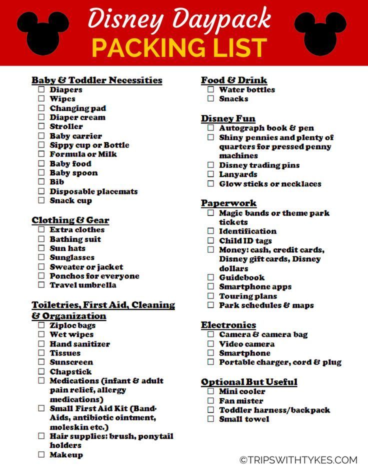 packing list for your disney daypack headed to disneyland or walt