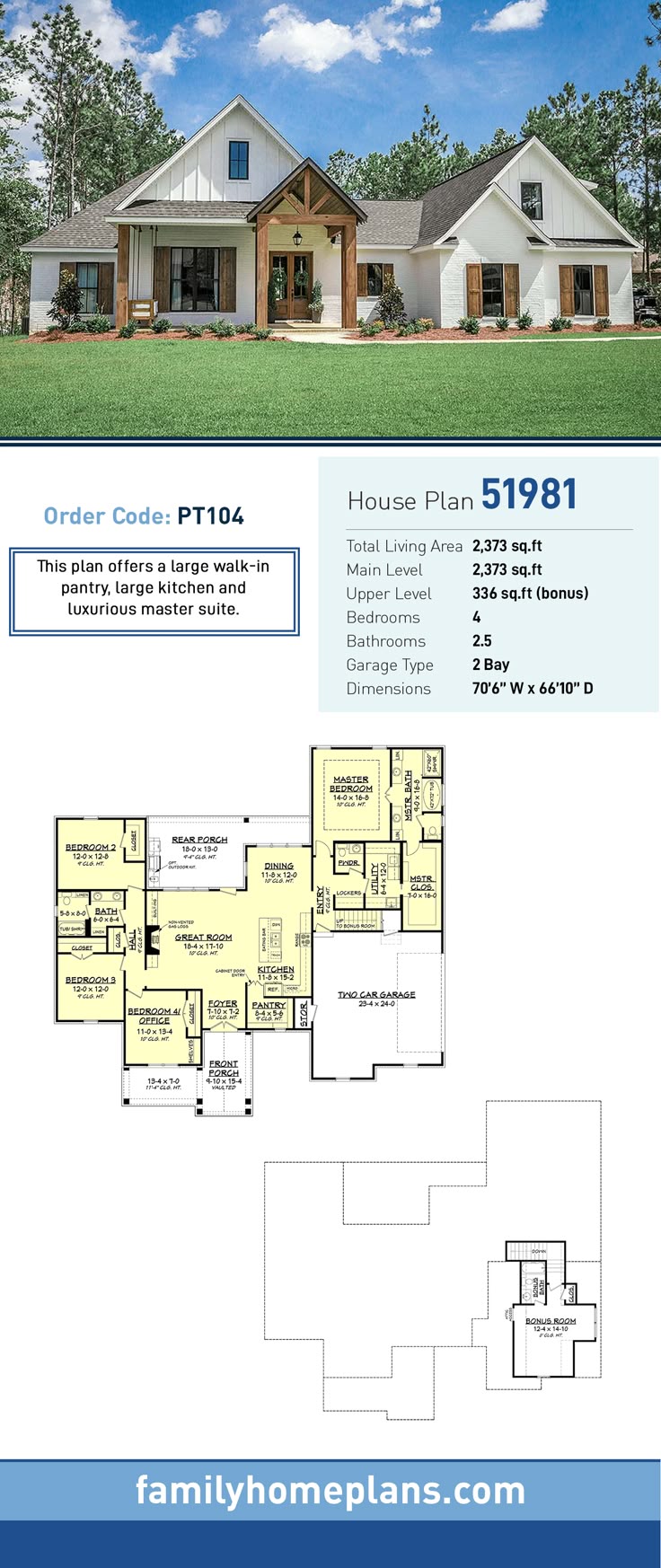 Farmhouse Plan 51981 | Total Living Area: 2,373 SQ FT, 4 bedrooms and 2.5 bathro...