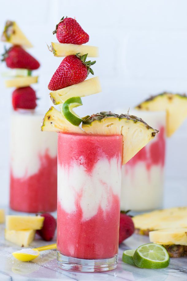 The best miami vice mocktail! Half strawberry daiquiri half pina colada