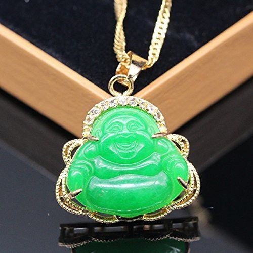 2018 Luck Happy Green Jade Buddha Pendant Aaa Cz Laughing Statue Necklace 18k Gold Plated Women Jewelry Gift - Golden Jade Buddha Pendant
