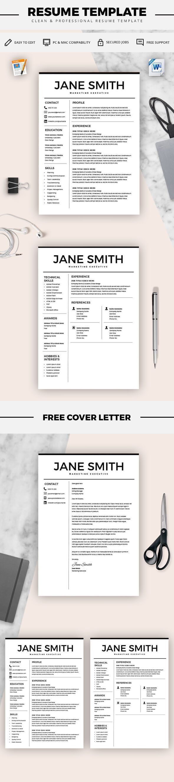 Resume for Microsoft Word - Minimal Resume Template - CV Template + Cover Letter for MS Word - Best Resume Templates - Instant Download