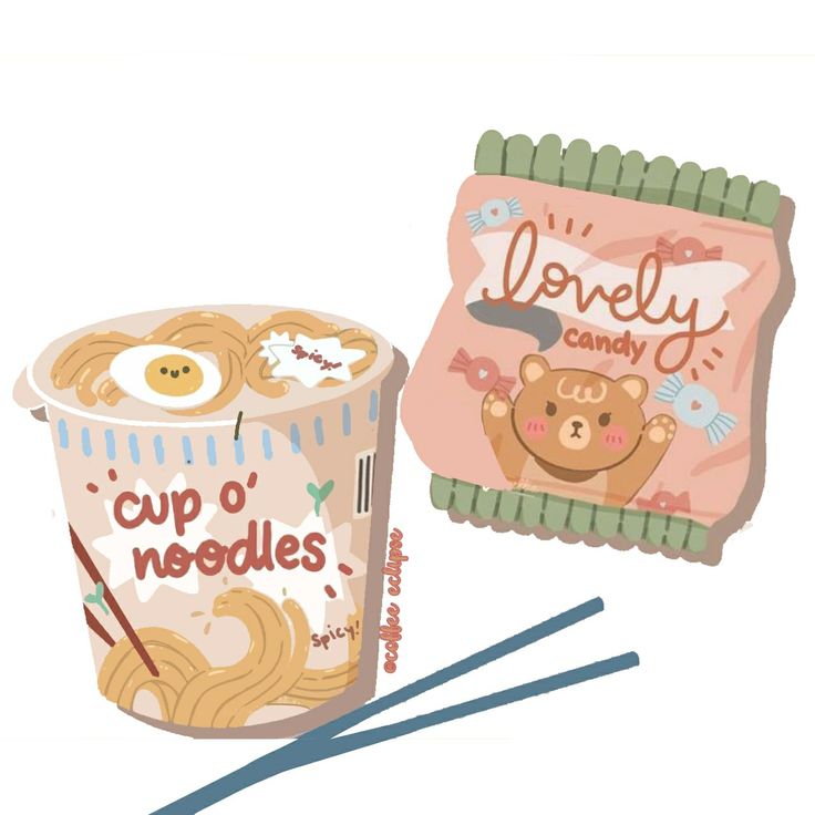 a cup of noodles with chopsticks next to it and a box of candy