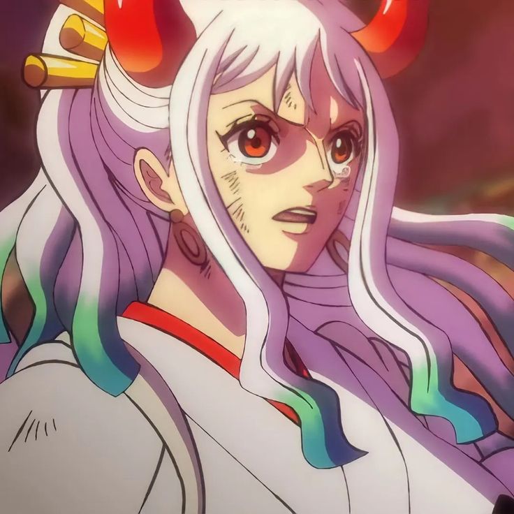 an anime character with horns on her head and long hair, looking at the