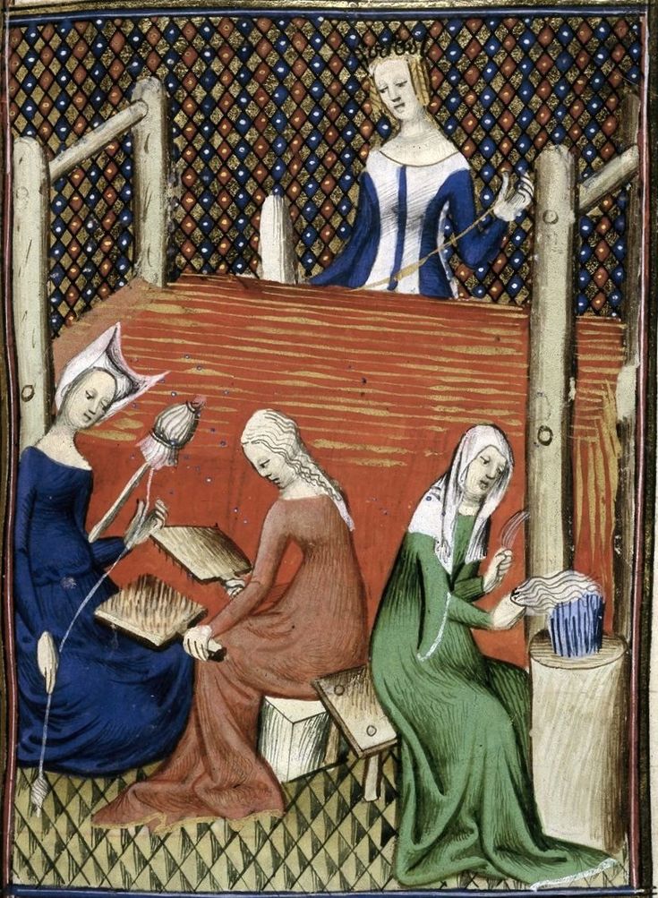 Weaving, spinning, carding wool, and combing flax. MS Royal 16 Gv, f. 56, British Library, London France 1400s