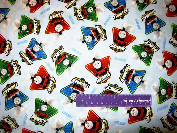 thomas the tank engine on white fabric with red, green and blue train