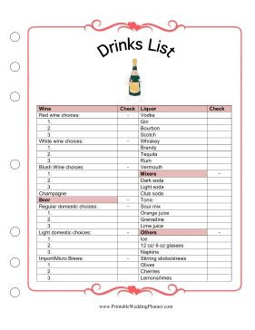 choose and organize a list of drinks for your reception with the