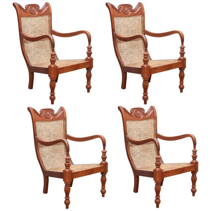 Set of Four Teak Wood and Cane Lounge Chairs from Colombo
