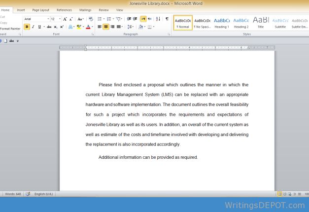 Download: http://writingsdepot.com/downloads/jonesville-library/ You have been hired to lead a software project to design a Library Management System (LMS) for your local library at Jonesville. The library has been managed manually using written documentation to track books. Given the growth of Jonesville population, a software system to better manage the library is now needed. Your project submission should include the following (all in one document): A title page A business letter addressed t