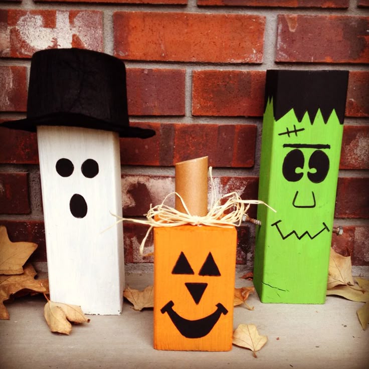 4x4 wood block halloween decorations ghost pumpkin and frankenstein