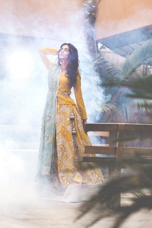 Beautiful yellow Pakistani lehanga choli in canary available online by Sanober A...