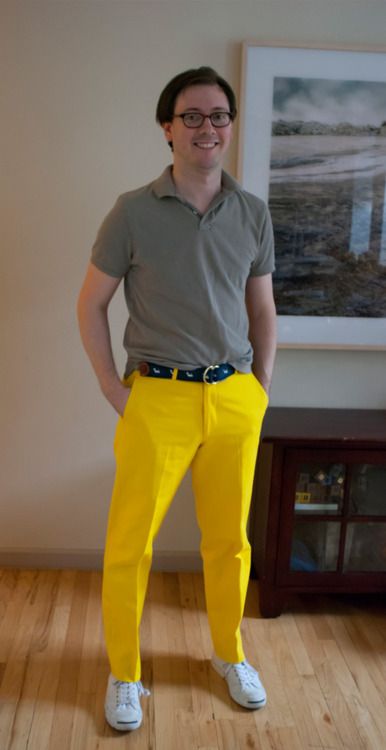 Yellow shirt on sale and grey pants