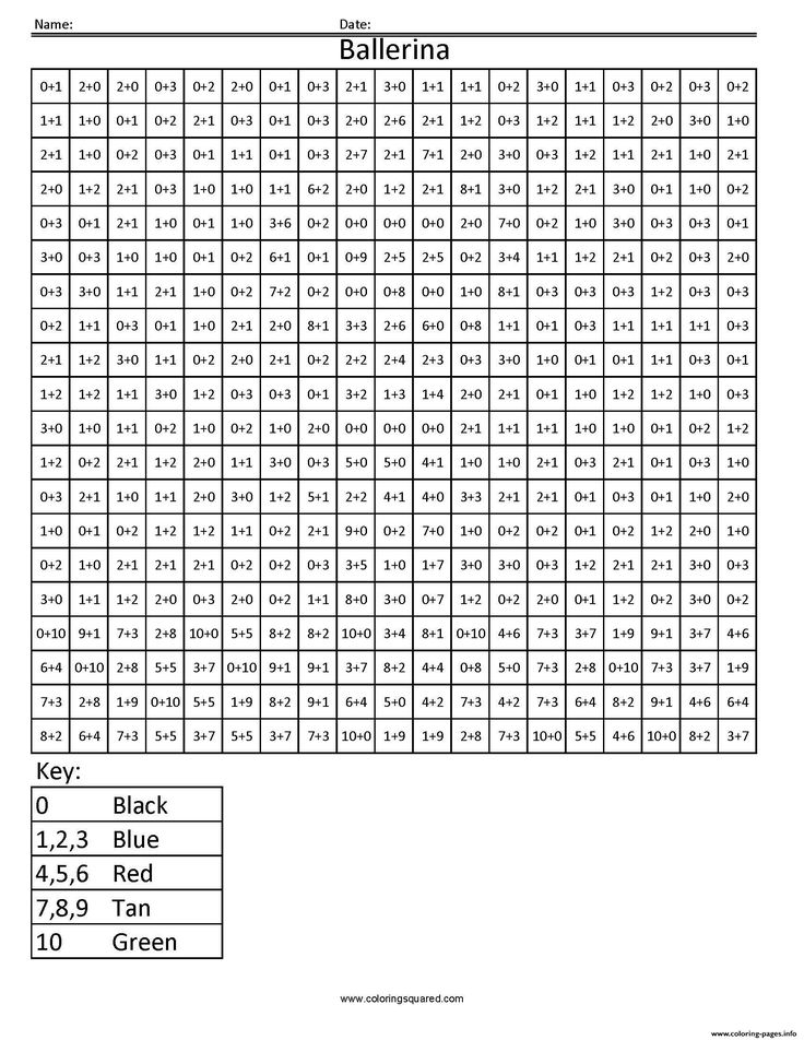 Print ballerina color by number addition math practice pixel art