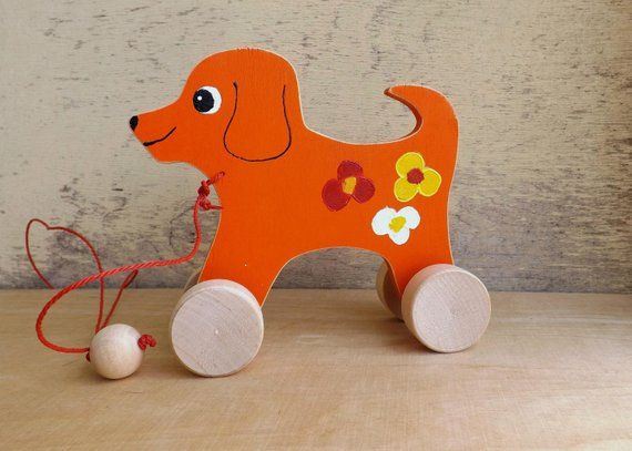 Wood Pull Toy Dog Cat Hand Painted Wooden Animal On Wheels