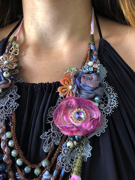 fabric flowers flowers ribbon work ribbon flowers Fabric jewelry antic golden colors necklace Boho style