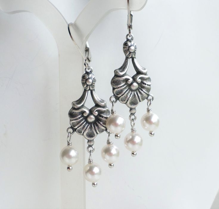 Art Nouveau Antique Silver Brass Chandelier Earrings White Antiques Art Nouveau Antique Silver Brass, Vintage Brass Chandelier Earrings Wedding