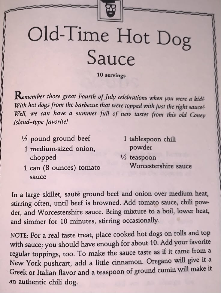 An Old Time Hot Dog Sauce Recipe Is Shown On A White Paper With Black An Old Time Hot Dog Sauce Recipe Is Shown On A White Paper With Black