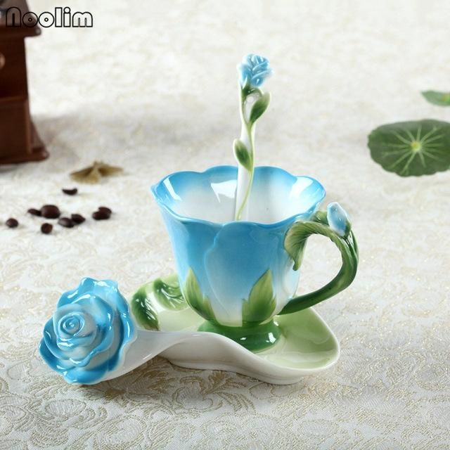 Creative Blue Rose Coffee /Tea cup & Saucer Set with spoon NEW Creative Blue Rose Coffee /Tea cup & Saucer Set with spoon NEW