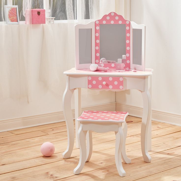 Fantasy Fields Fashion Polka Dot Prints Gisele Play Vanity Set Pink White In 2022 Kids Wooden Polka Dot Prints Gisele Play Vanity Set, White Wooden Play Vanity Set
