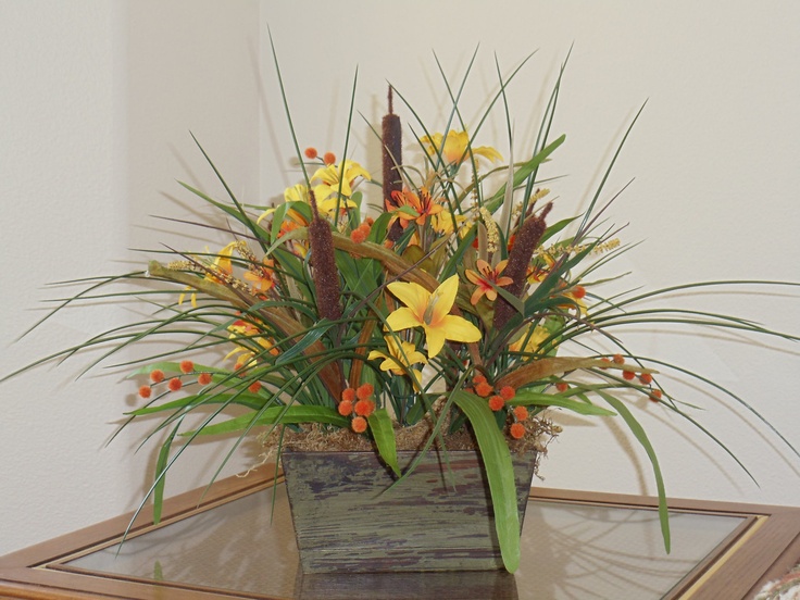 Rustic Floral Arrangement Silk Flower Centerpiece Lilies And Cattails Rustic Floral Arrangement Silk Flower Centerpiece Lilies And Cattails
