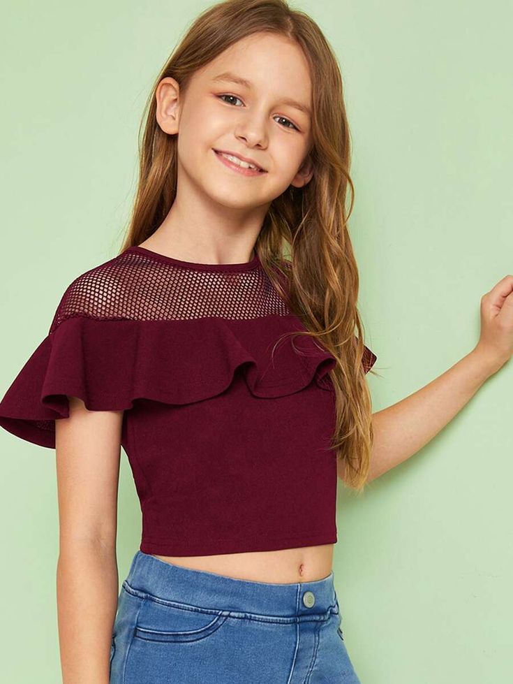 Top corto de niñas ribete fruncido con malla | Moda de Mujer | SHEIN