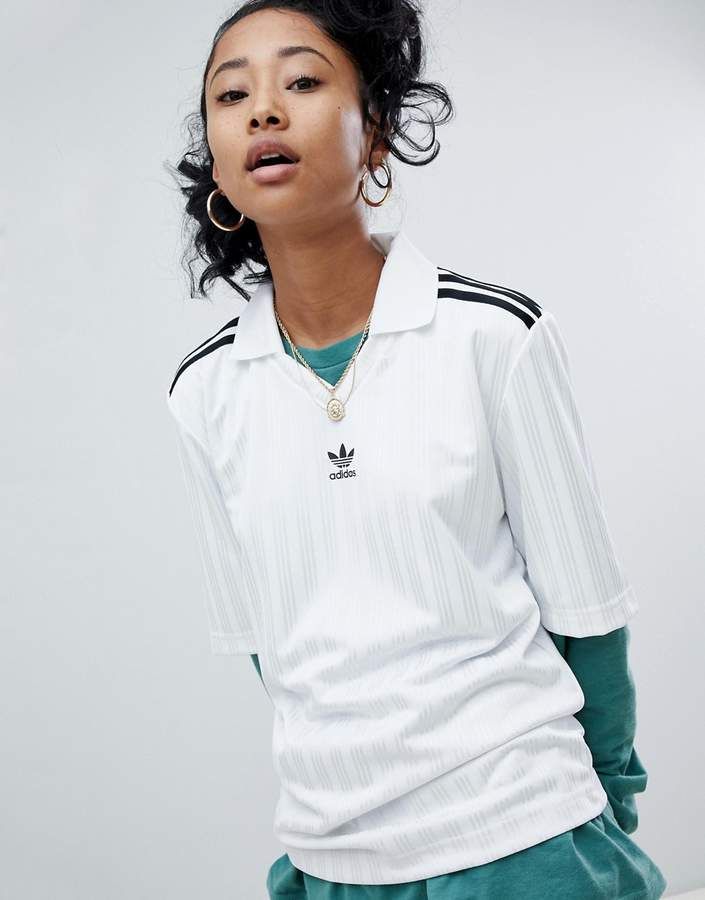 adidas adicolor Three Stripe Soccer Jersey In White | Latest fashion