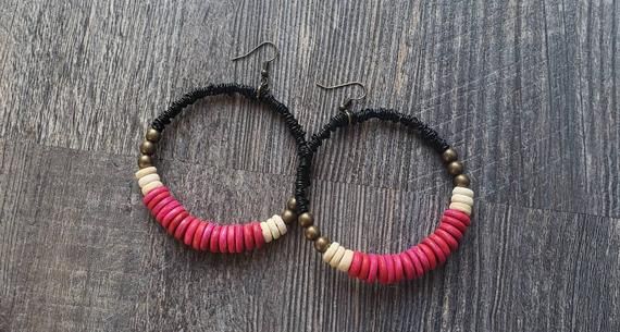 Earrings with pink and black wooden beads