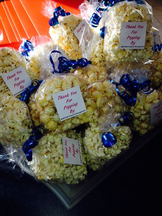 Realtor Open House favours. Can also be used for housewarming favours. "Thanks for Popping By"...popcorn treats