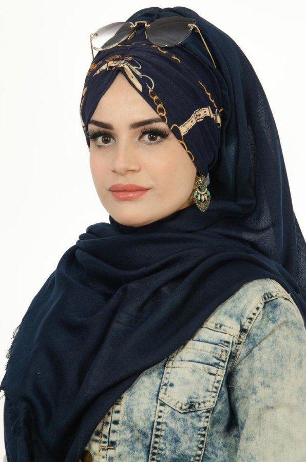 Aise Tesettur Lacivert Buzgulu Bandana Pratik Sal 1 Pembe Dantel Elbiseler Sal Dantel Elbise