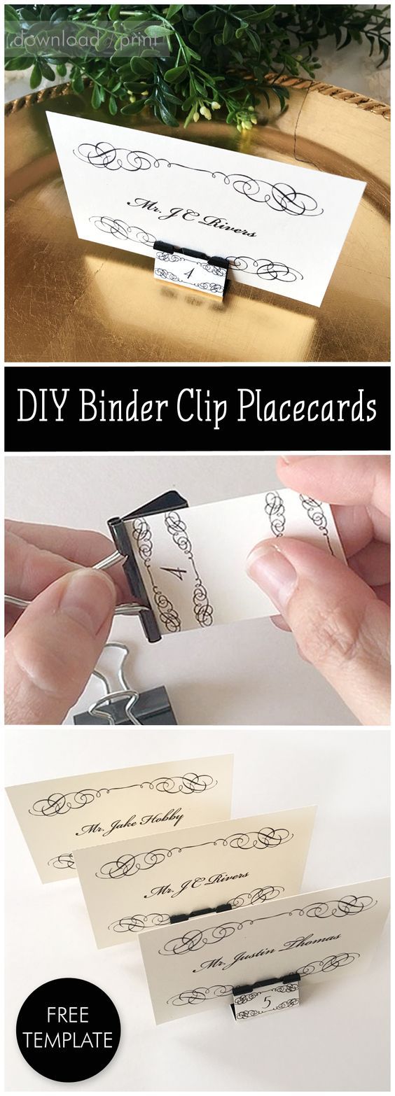 These place cards are easy and inexpensive to make with just a binder clip and the free printables. I can see them at an elegant wedding or dinner party.