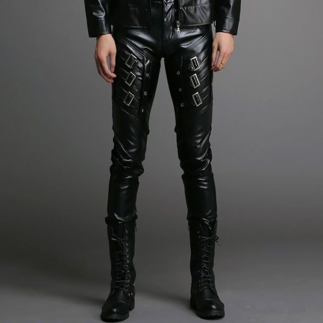 Motorcycle Skinny Biker Black Pants Men Gothic Punk PU Leather Slim Fit Trousers