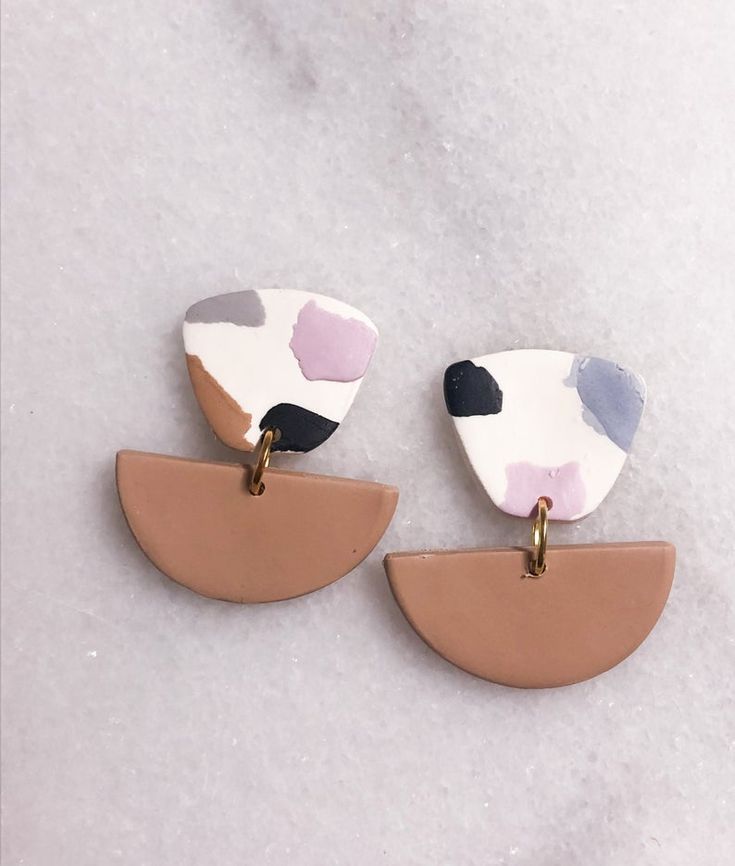 Tan and Peach Brass Charm Polymer Clay Statement Earring
