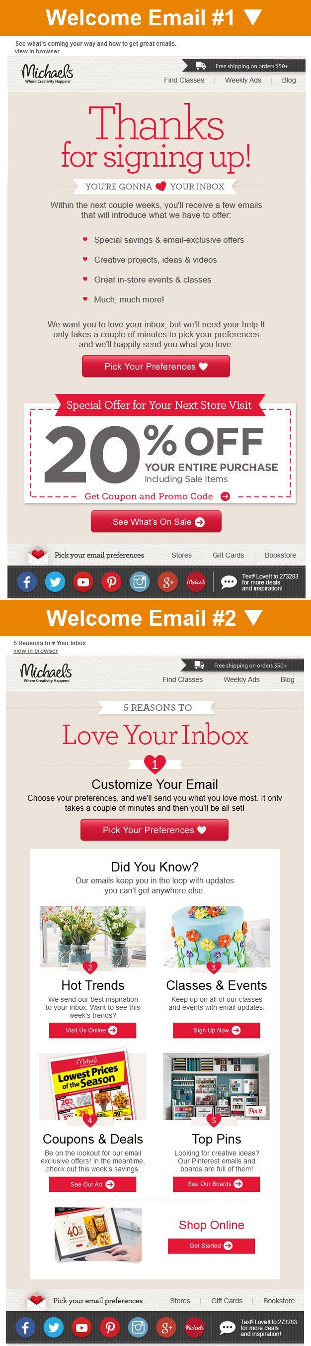 Michaels >> sent 5\/2014 >> Get Ready for Savings & Inspiration! >> Your Emails Have Perks - See Inside! >> This responsive 2-email welcome series puts heavy emphasis on setting expectations and collecting preferences. Michaels very clearly wants to create a positive transparent relationship from the beginning. The second email in the series also does a great job of engaging with great cross-channel calls-to-action. Midori Kudo Associate Designer Salesforce Marketing Cloud