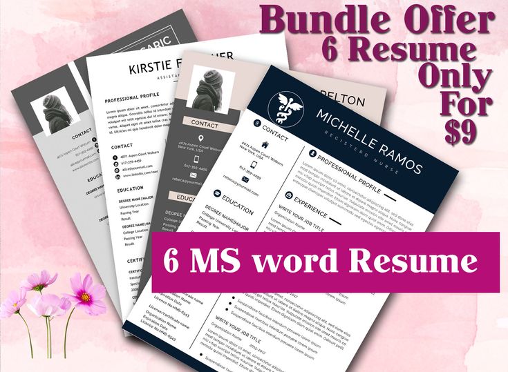 6 resume template bundle for professional, teacher, medical or nurse, creative designer, general, photography, web developer