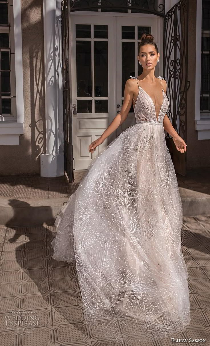 elihav sasson 2019 bridal sleeveless spaghetti strap deep v neck full embellishment glitzy romantic soft a line wedding dress backless roya...