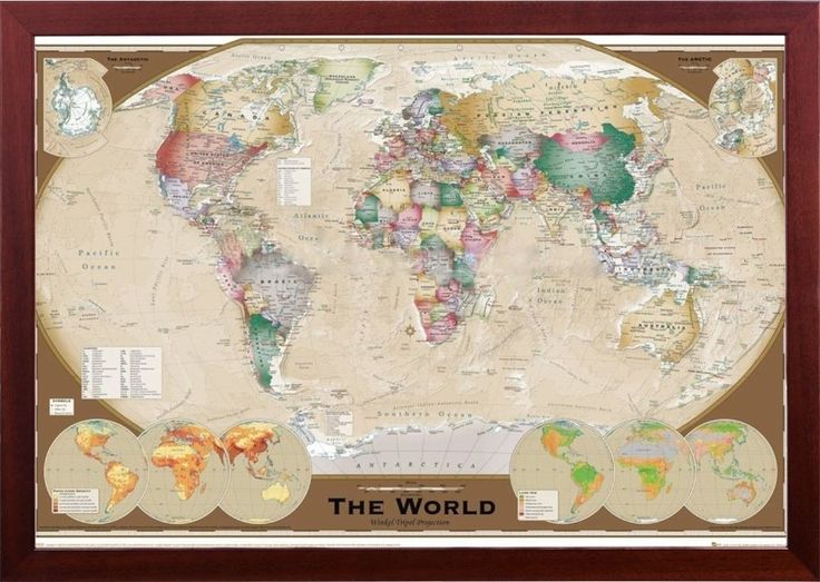 framed world map old world triple view in premium brown finished wood