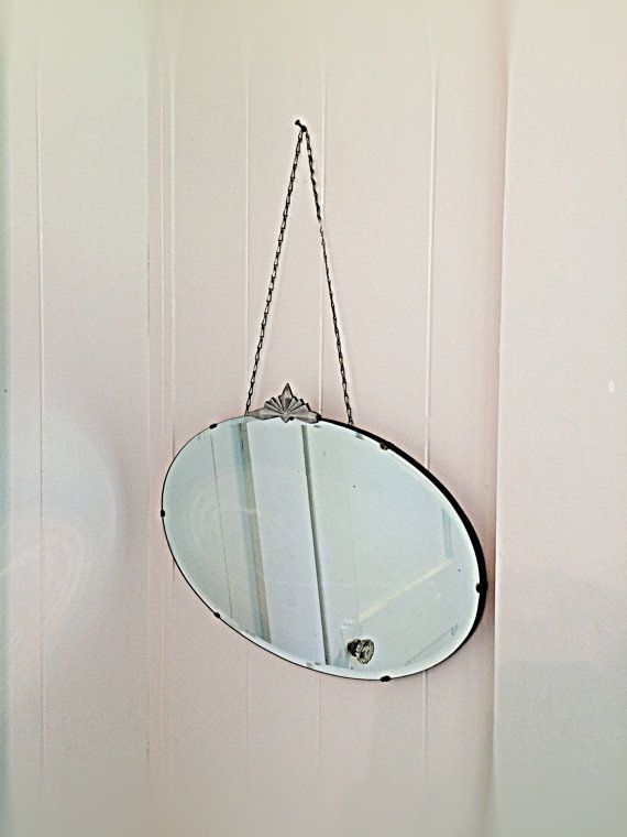 Large Art Deco Antique Frameless Beveled Edge Round Hanging Wall Mirror Metal Chain Wooden Back Vintage Chrome Geometric Sunburst Detail Mirrors Art Deco Antique Frameless Beveled Edge, How To Hang A Large Beveled Mirror
