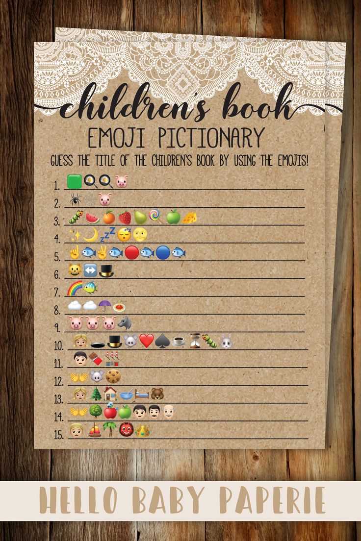 Rustic Lace Children's Book Emoji Pictionary Game, Baby Emoji Pictionary Instant Download