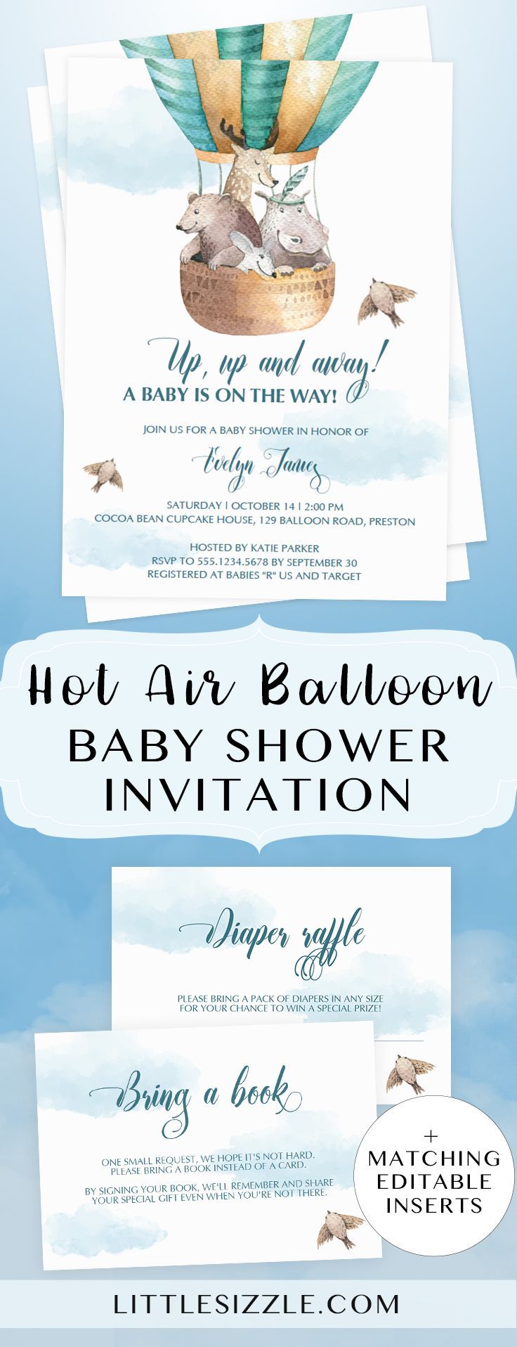 Hot air balloon baby shower invitation templates by LittleSizzle. Create your own baby shower invites for a hot air balloon themed baby shower. This adorable gender neutral printable invitation will fit your hot air balloon theme perfectly. Include the matching cloud baby shower game cards and bring a book instead of a card printable to complete the look. #babyshowerthemes #babyshowerinvitations #babyshowerideas4u #hotairballoon #genderneutral #DIY #template #printable