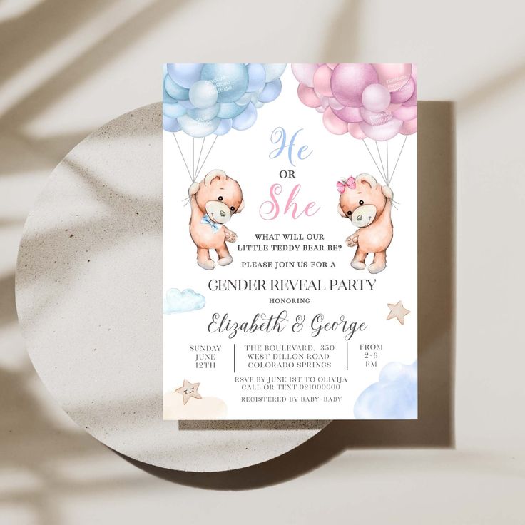 Teddy Bear and Balloon Gender Reveal Invitation He or She Boho Teddy Teddy Bear and Balloon Gender Reveal Invitation He or She Boho Teddy